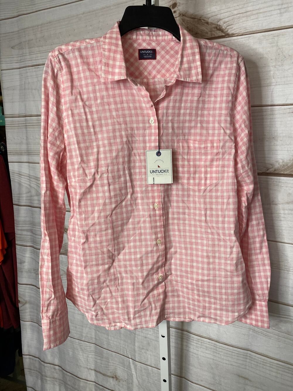 Brand New Untuckit Women's 8 Calina Pink White Long Sleeve Button Down Shirt Top